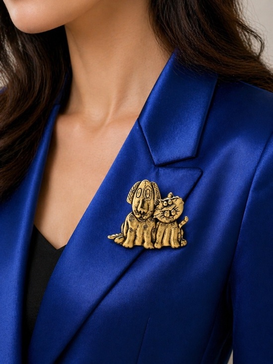 Anthropologie Jewelry - Vintage Gold Dog & Cat Whimsical Brooch